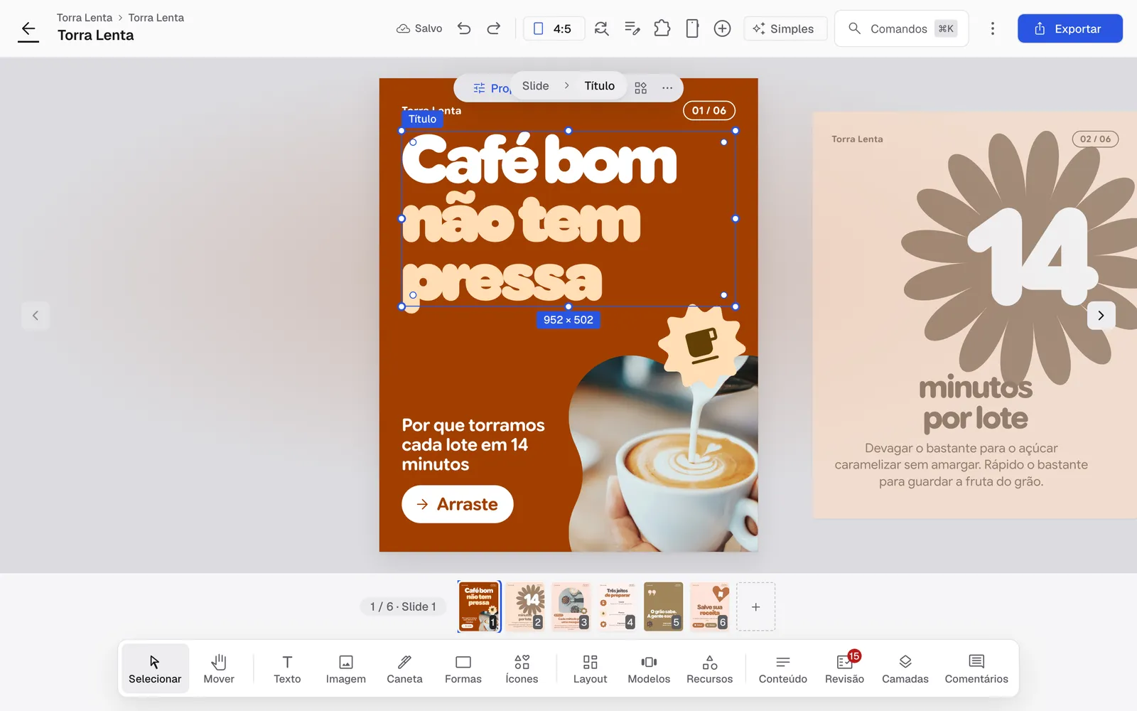 Editor do Content Hub com a capa do carrossel da Torra Lenta, uma marca fictícia, aberta e o título selecionado